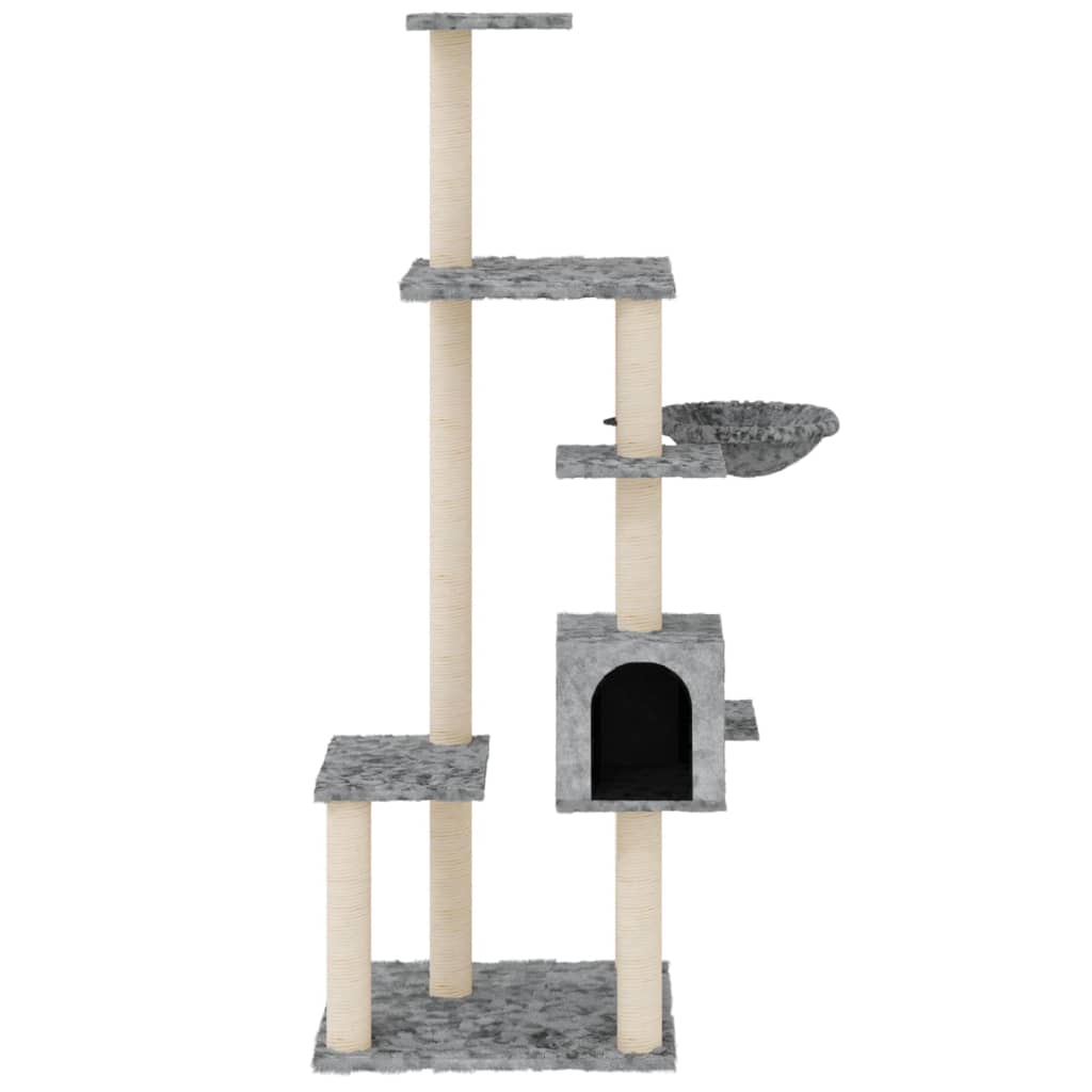 Cat house with sisal rope and scratching post, light grey, 142 cm