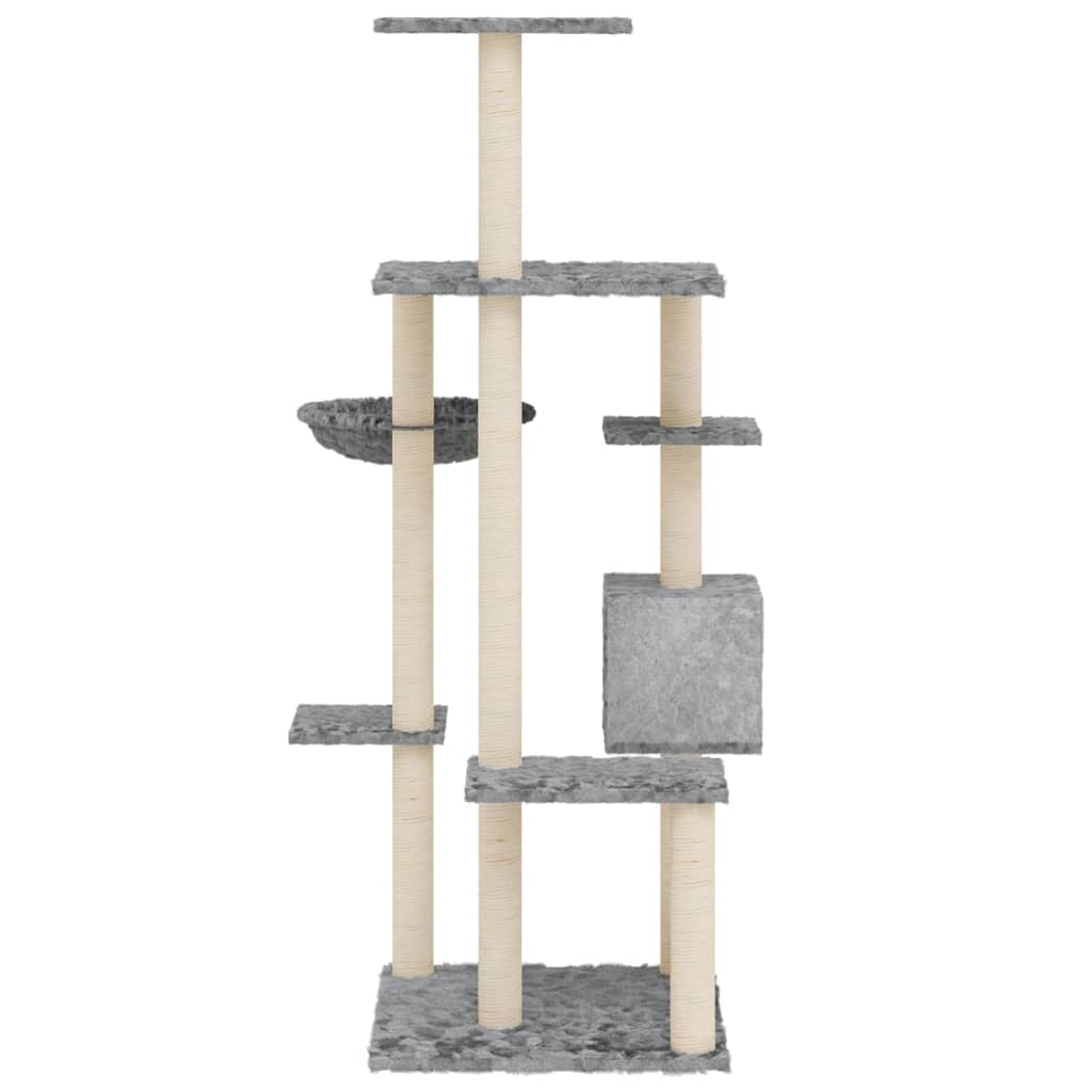 Cat house with sisal rope and scratching post, light grey, 142 cm