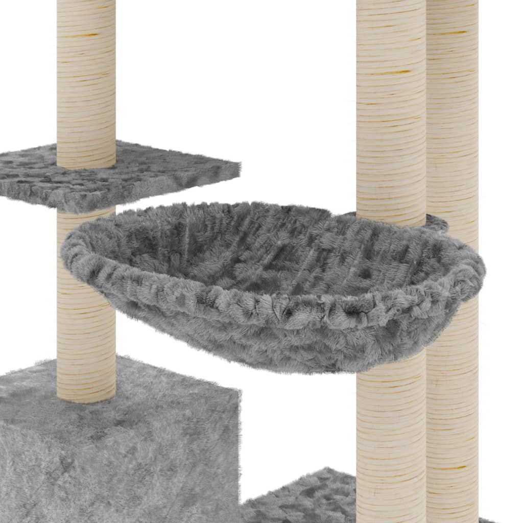 Cat house with sisal rope and scratching post, light grey, 142 cm