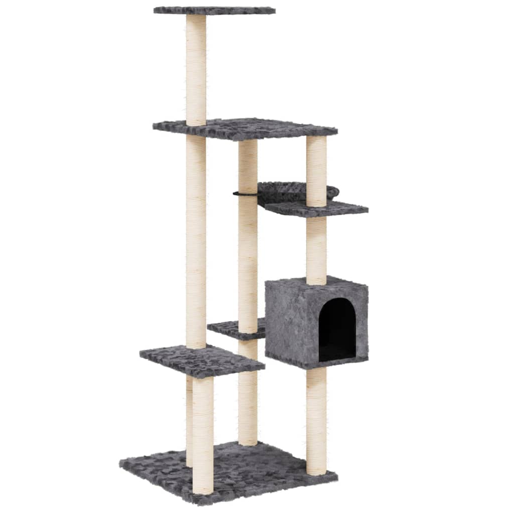 Cat house with sisal rope scratching post, dark grey, 142 cm