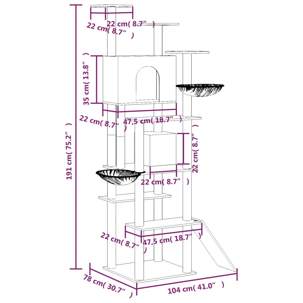 Cat house with sisal rope and scratching post, cream, 191 cm