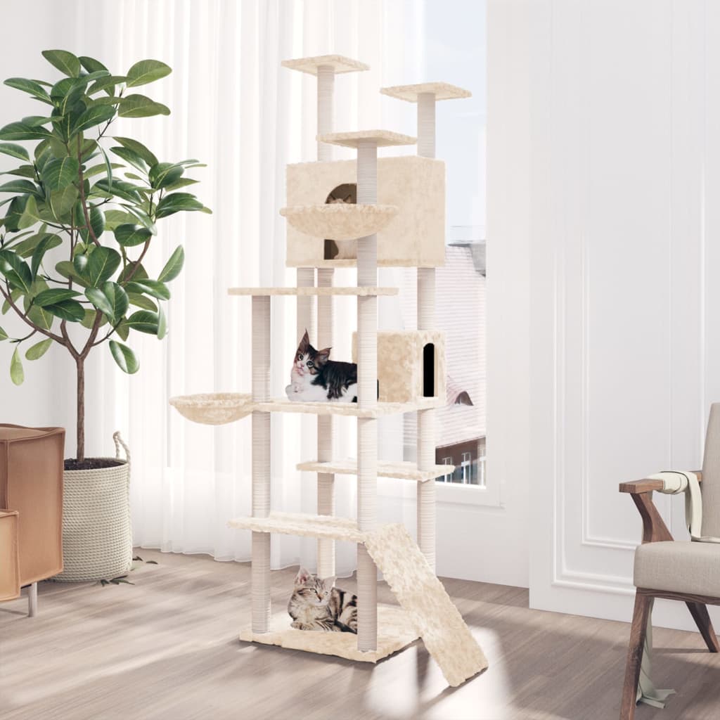 Cat house with sisal rope and scratching post, cream, 191 cm