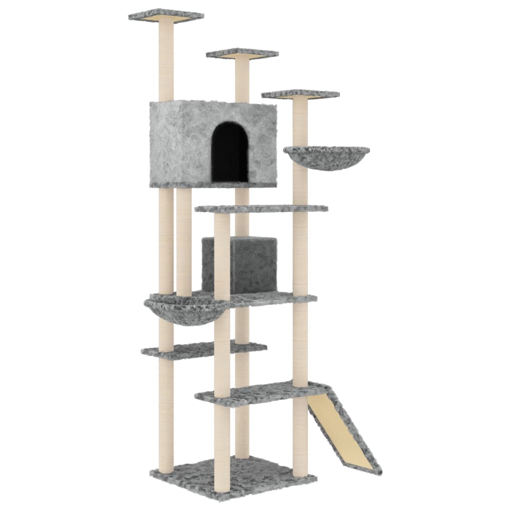 Cat house with sisal rope and scratching post, light grey, 191 cm