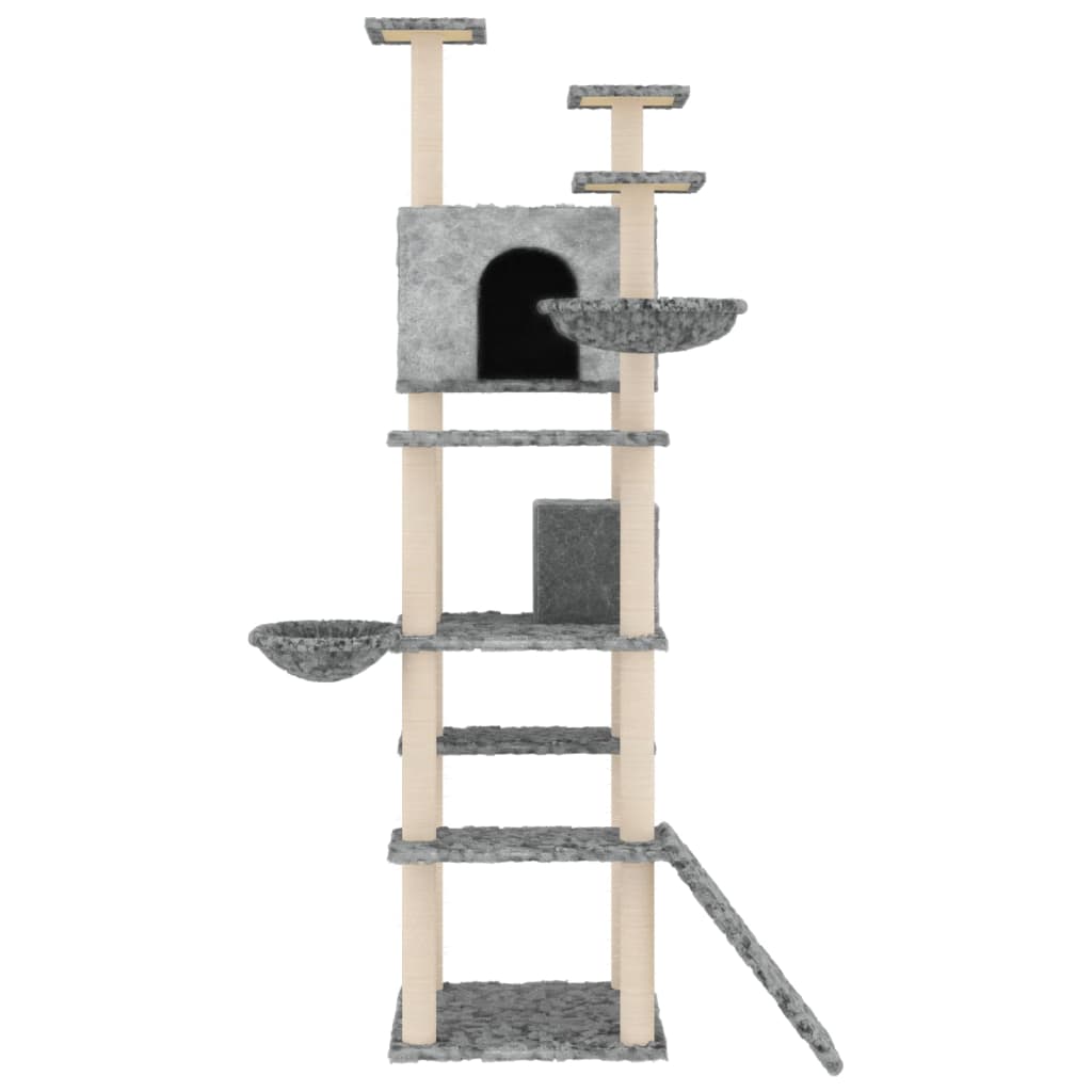 Cat house with sisal rope and scratching post, light grey, 191 cm