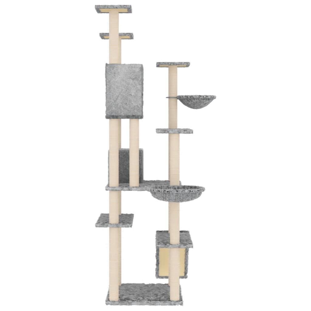 Cat house with sisal rope and scratching post, light grey, 191 cm