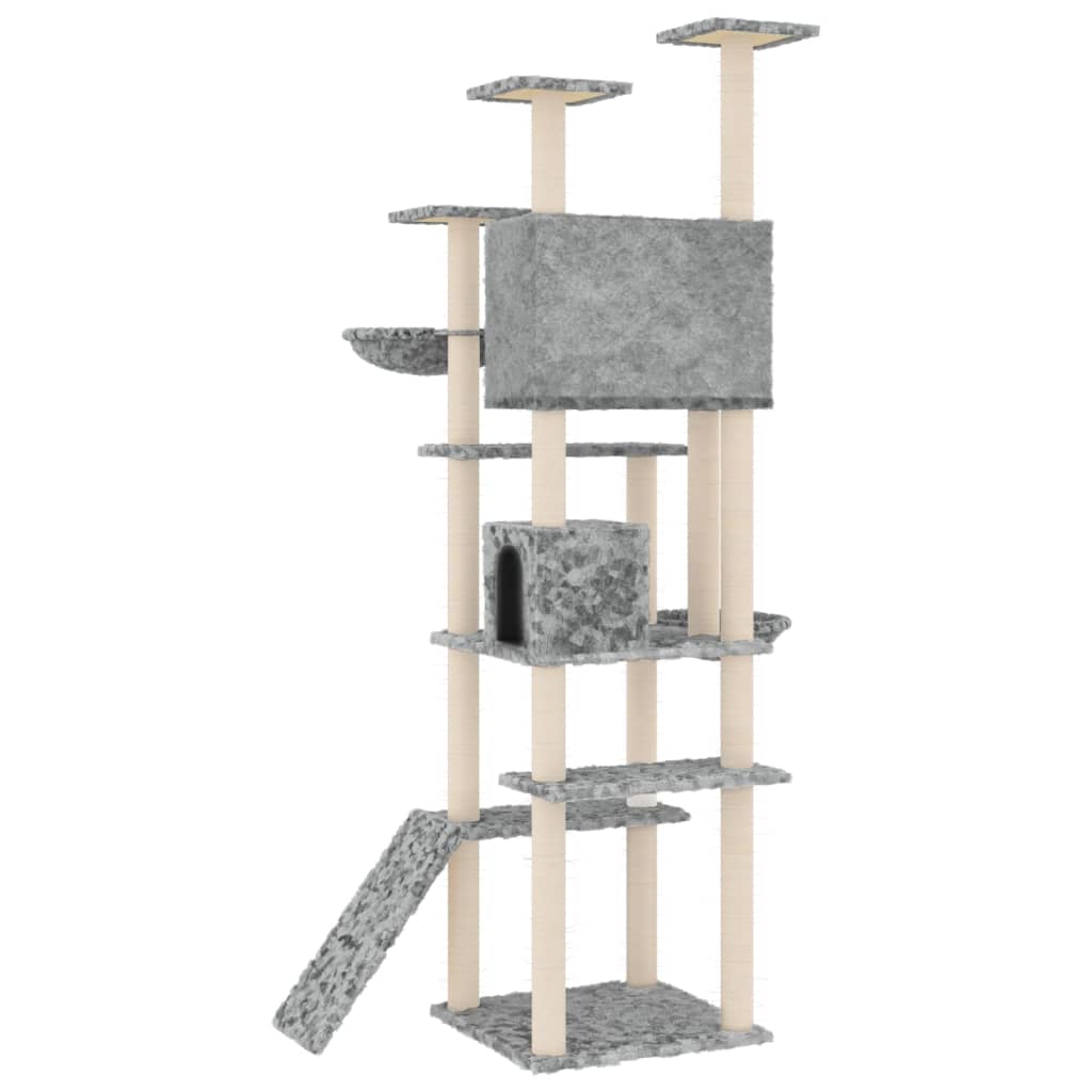 Cat house with sisal rope and scratching post, light grey, 191 cm