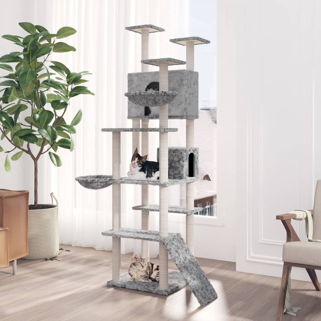 Cat house with sisal rope and scratching post, light grey, 191 cm