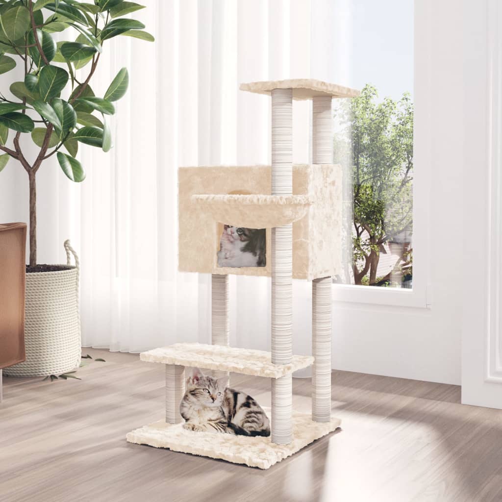 Cat house with sisal rope scratching post, cream, 108.5 cm