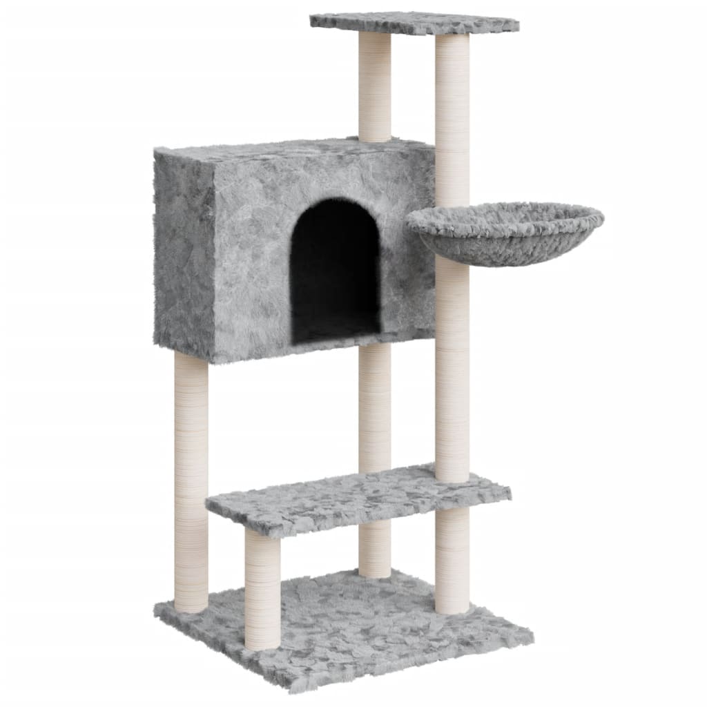 Cat house with sisal rope and scratching post, light grey, 108.5 cm