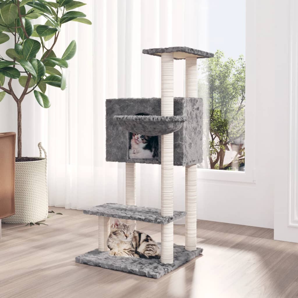 Cat house with sisal rope and scratching post, light grey, 108.5 cm