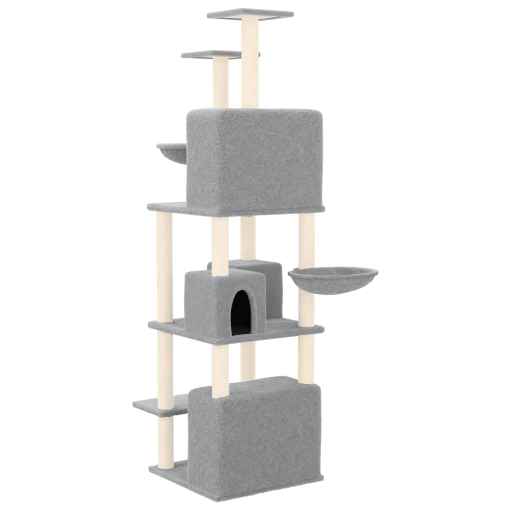 Cat house with sisal rope and scratching post, light grey, 180 cm