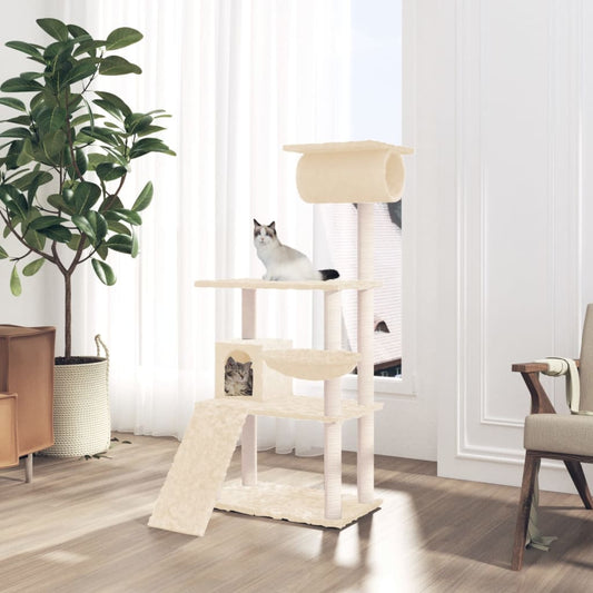 Cat house with sisal rope and scratching post, cream, 131 cm