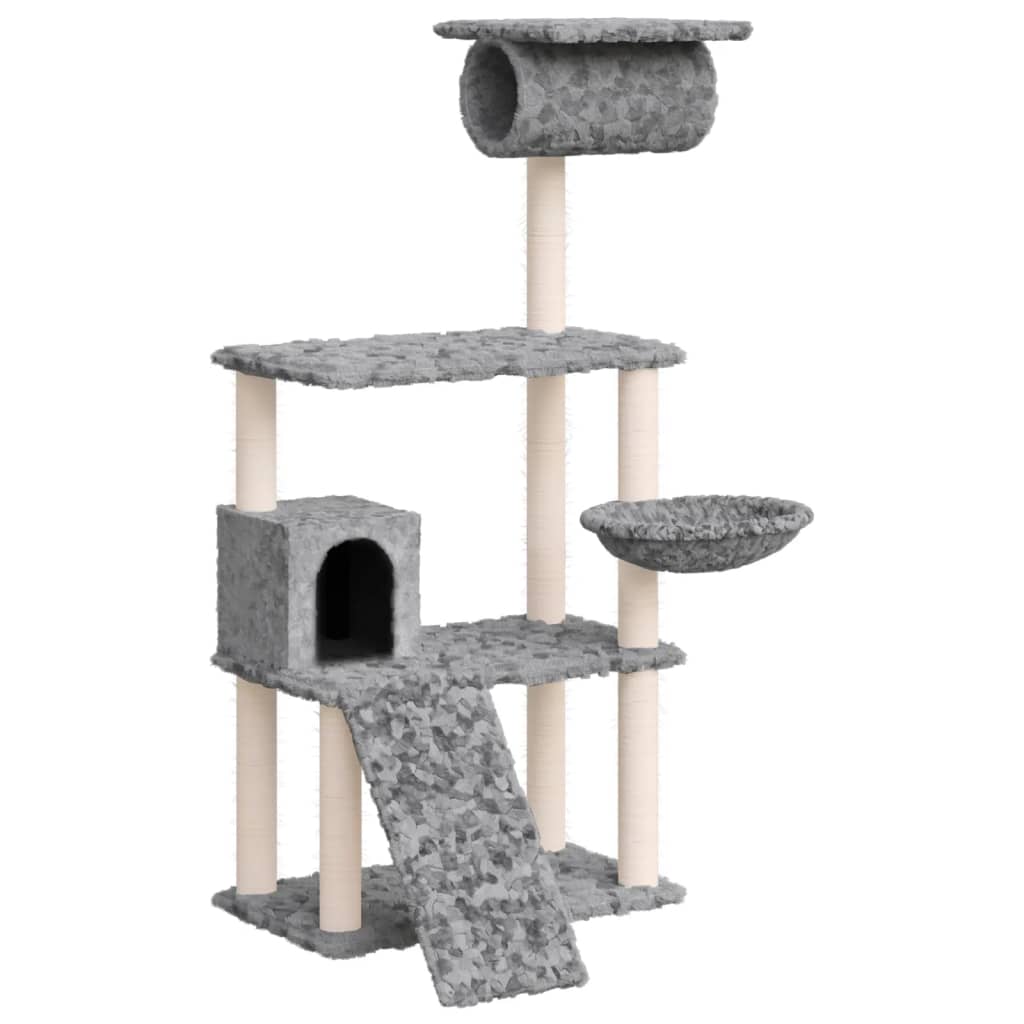 Cat house with sisal rope and scratching post, light grey, 131 cm