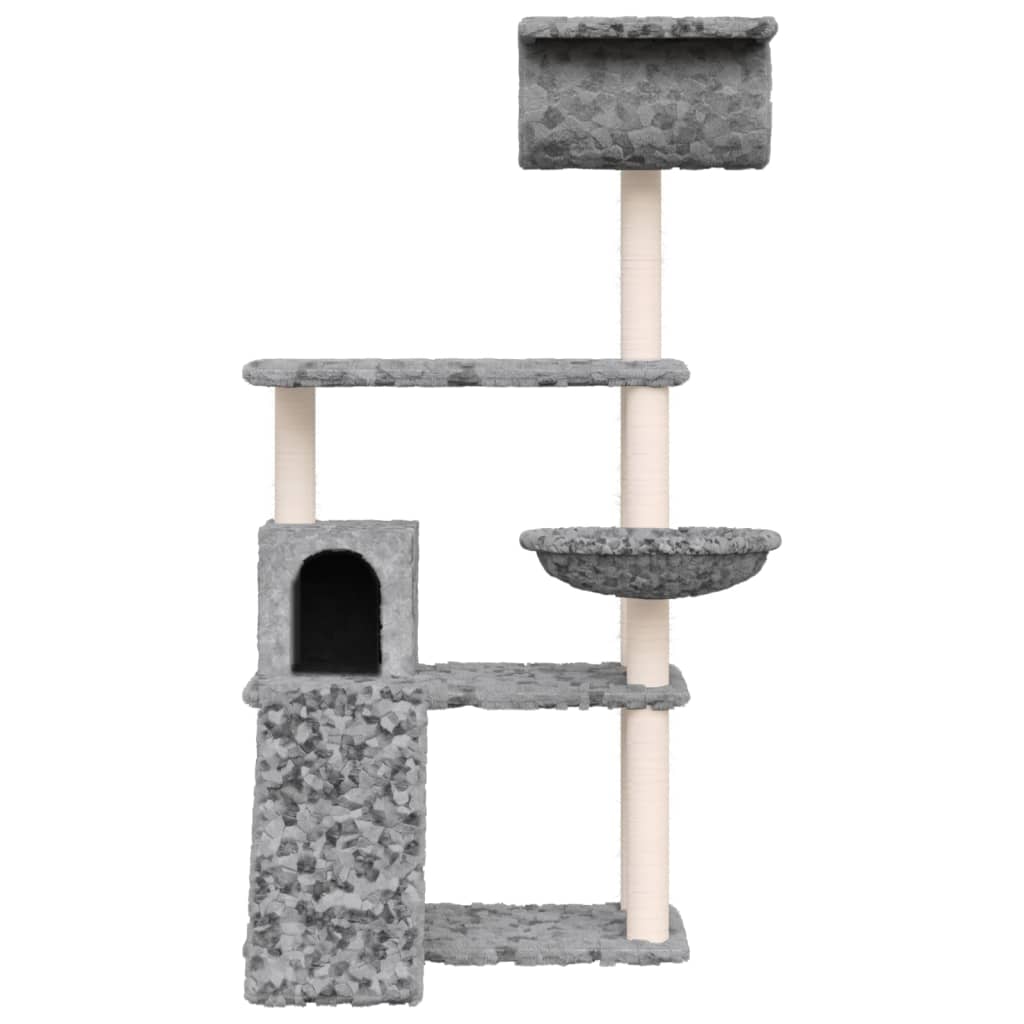 Cat house with sisal rope and scratching post, light grey, 131 cm