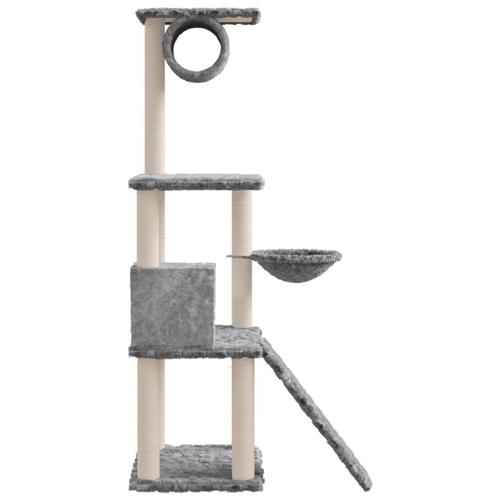 Cat house with sisal rope and scratching post, light grey, 131 cm