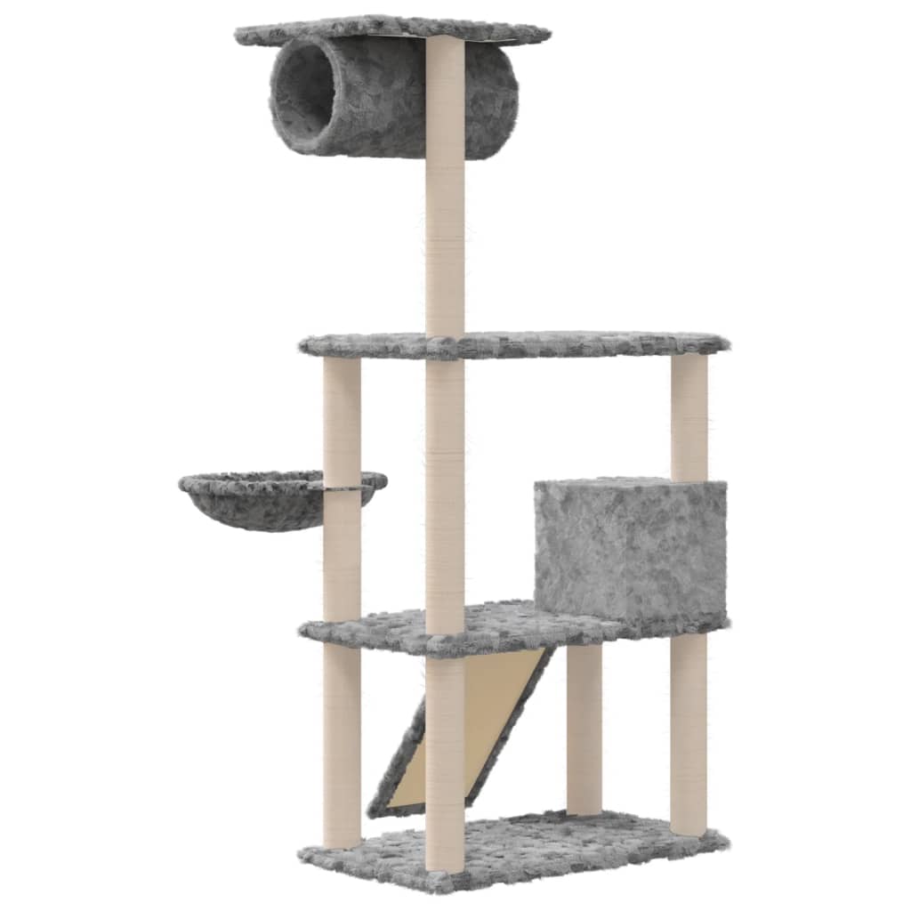 Cat house with sisal rope and scratching post, light grey, 131 cm