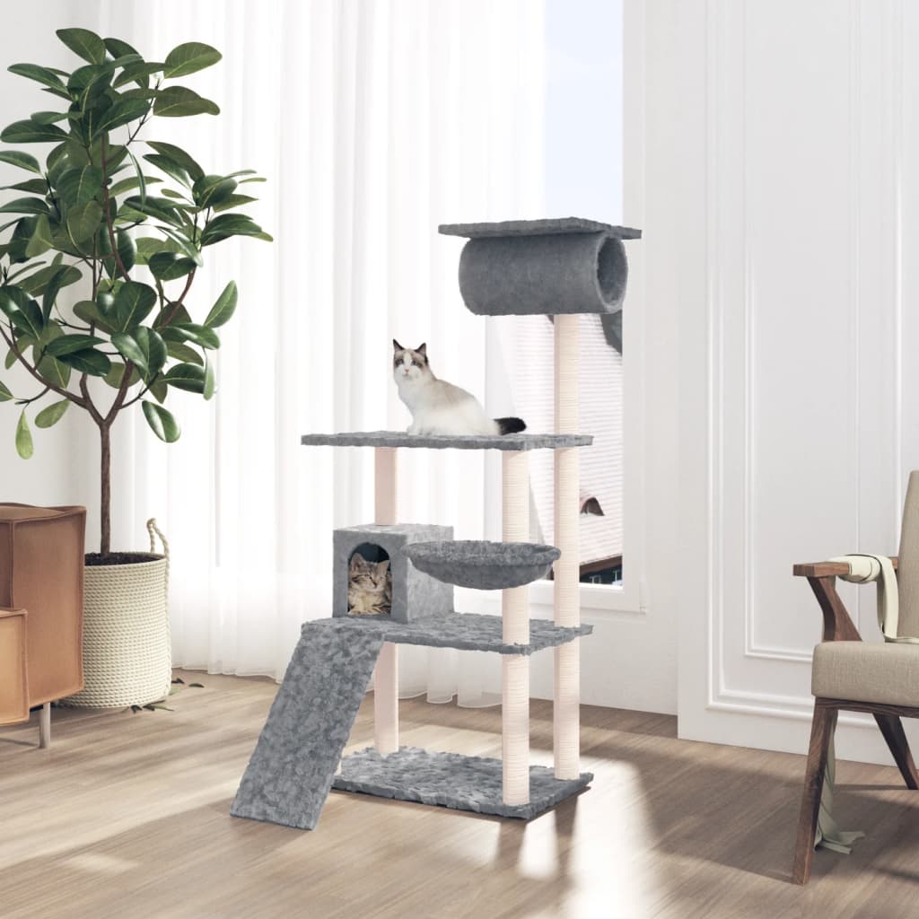 Cat house with sisal rope and scratching post, light grey, 131 cm