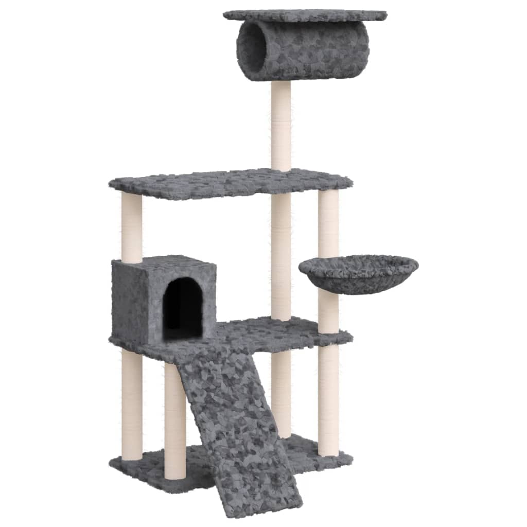 Cat house with sisal rope and scratching post, dark grey, 131 cm