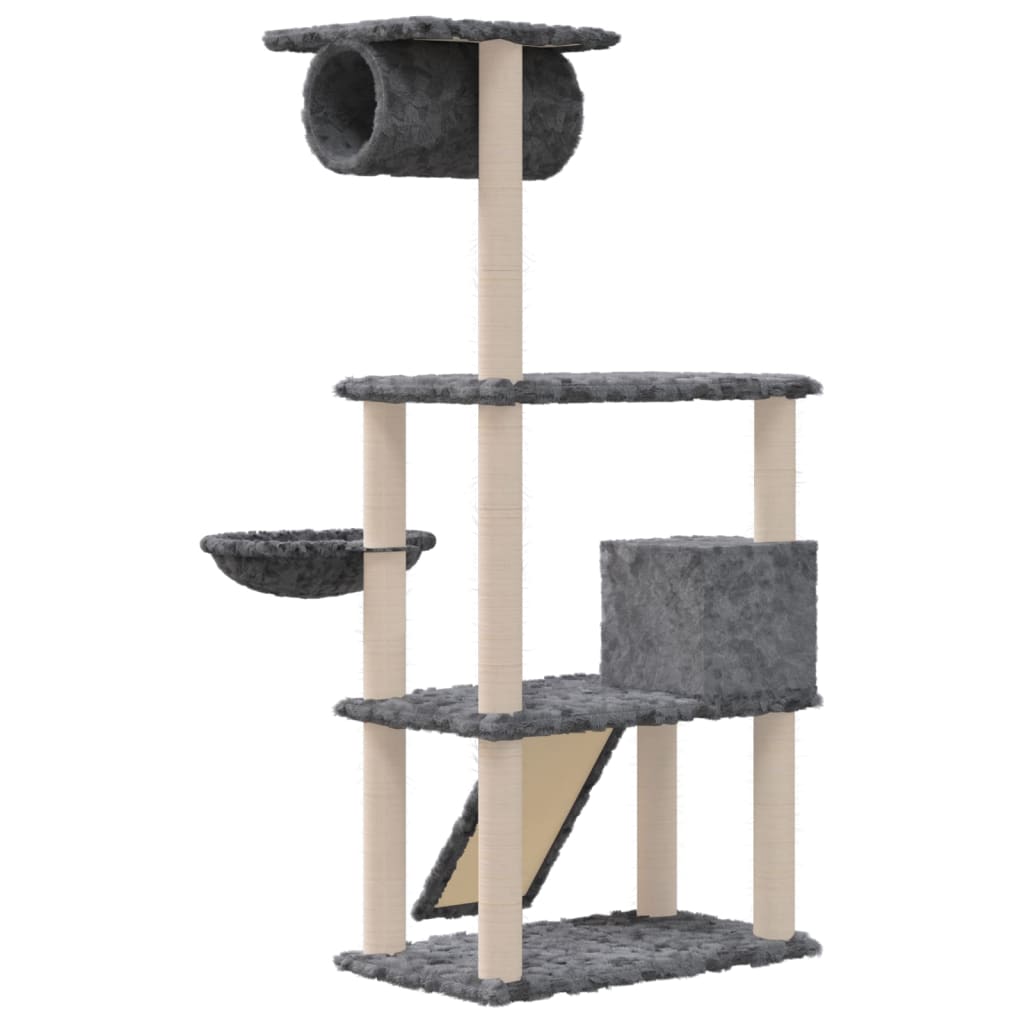 Cat house with sisal rope and scratching post, dark grey, 131 cm