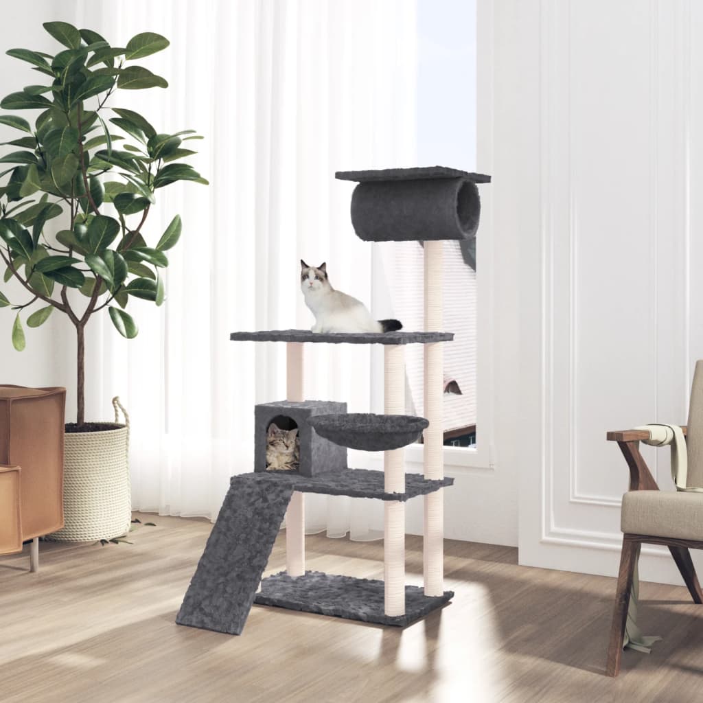 Cat house with sisal rope and scratching post, dark grey, 131 cm