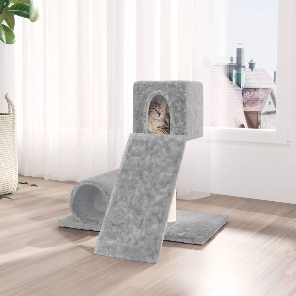 Cat house with sisal rope and scratching post, light gray, 59 cm