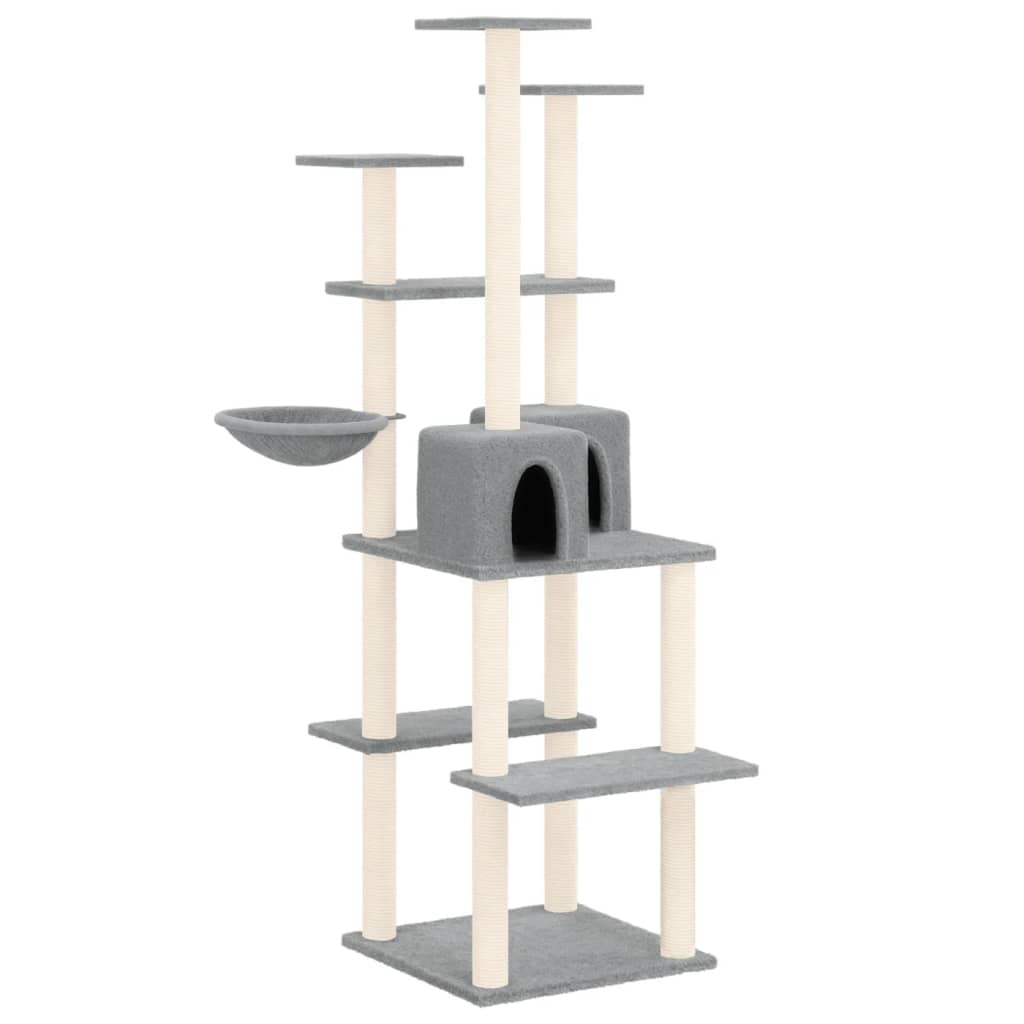 Cat house with sisal rope and scratching post, light grey, 167 cm