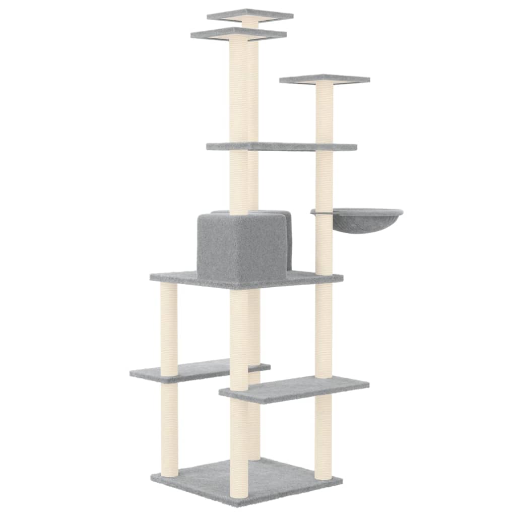 Cat house with sisal rope and scratching post, light grey, 167 cm