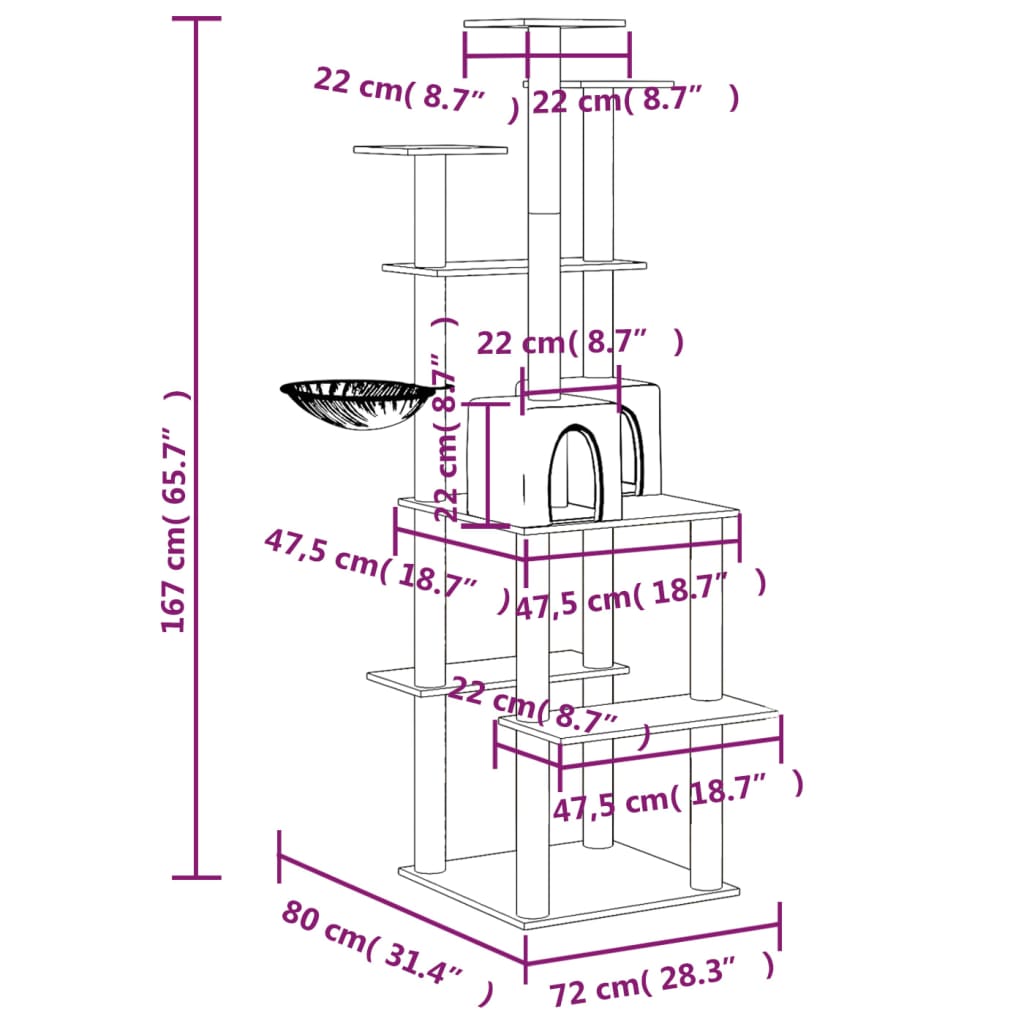 Cat house with sisal rope and scratching post, light grey, 167 cm