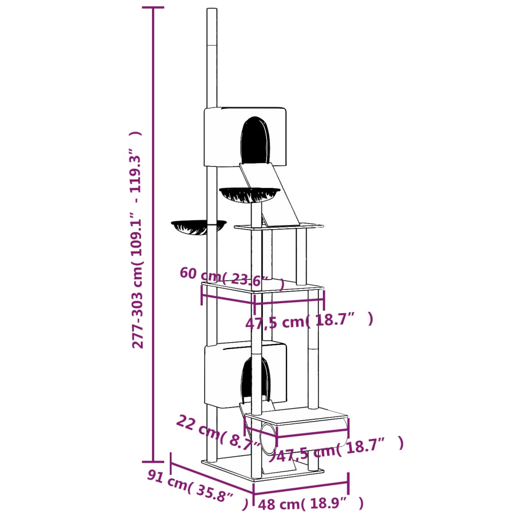 Floor-to-ceiling cat scratching post, cream, 277 - 303 cm