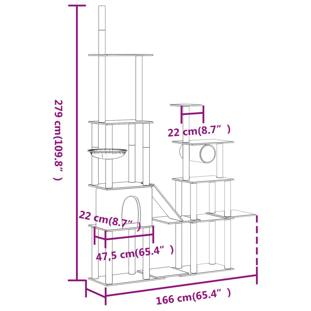 Cat house with sisal rope and scratching post, cream, 279 cm