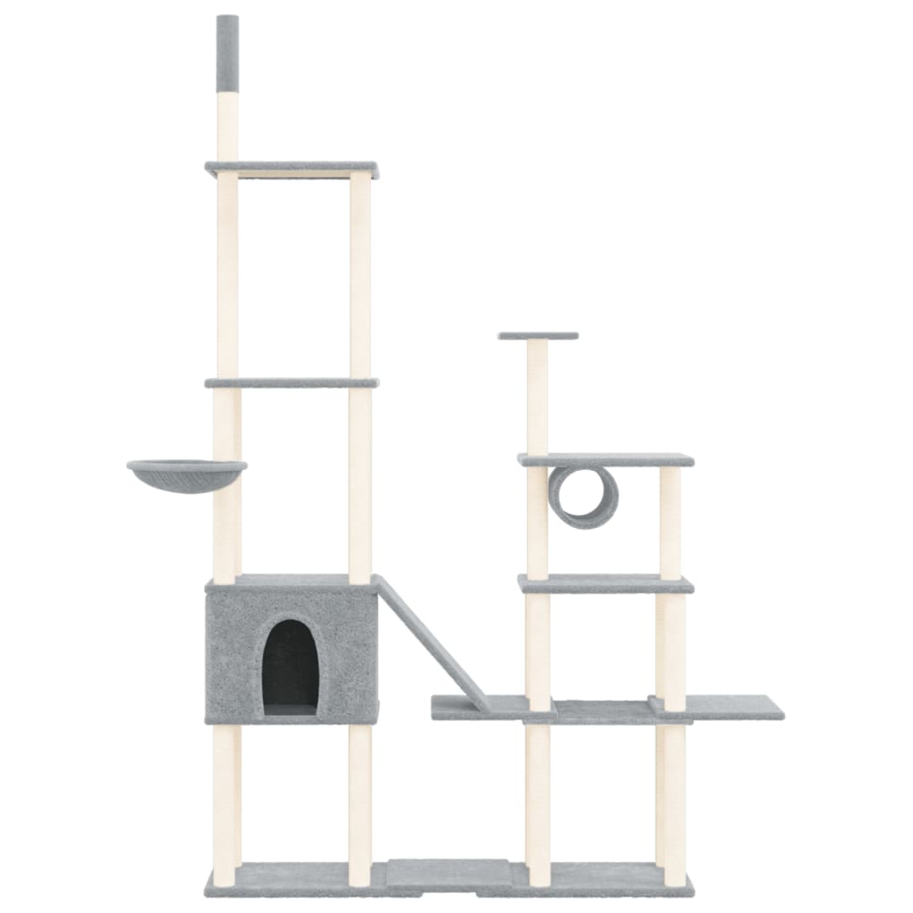 Cat house with sisal rope and scratching post, light grey, 279 cm