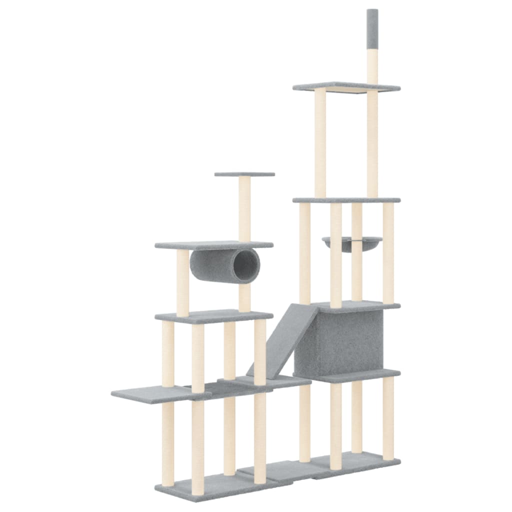 Cat house with sisal rope and scratching post, light grey, 279 cm