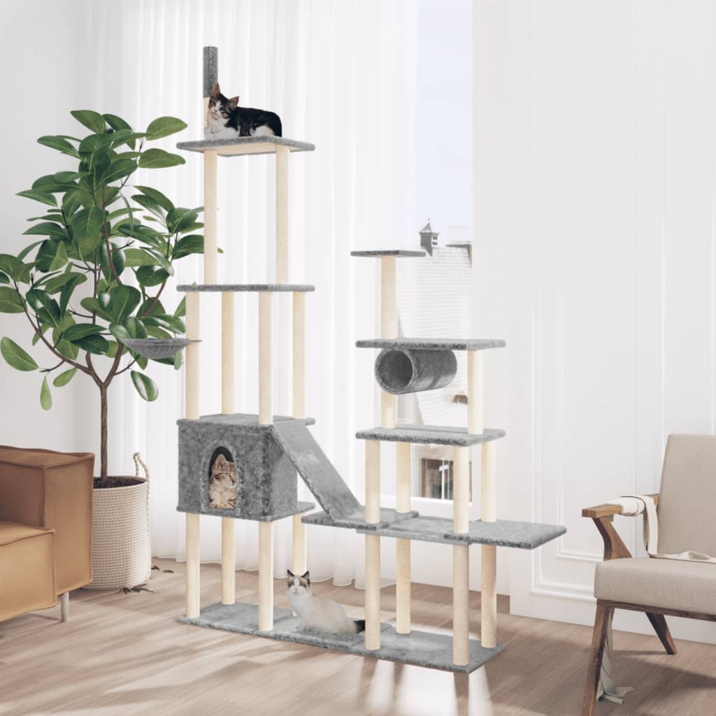 Cat house with sisal rope and scratching post, light grey, 279 cm