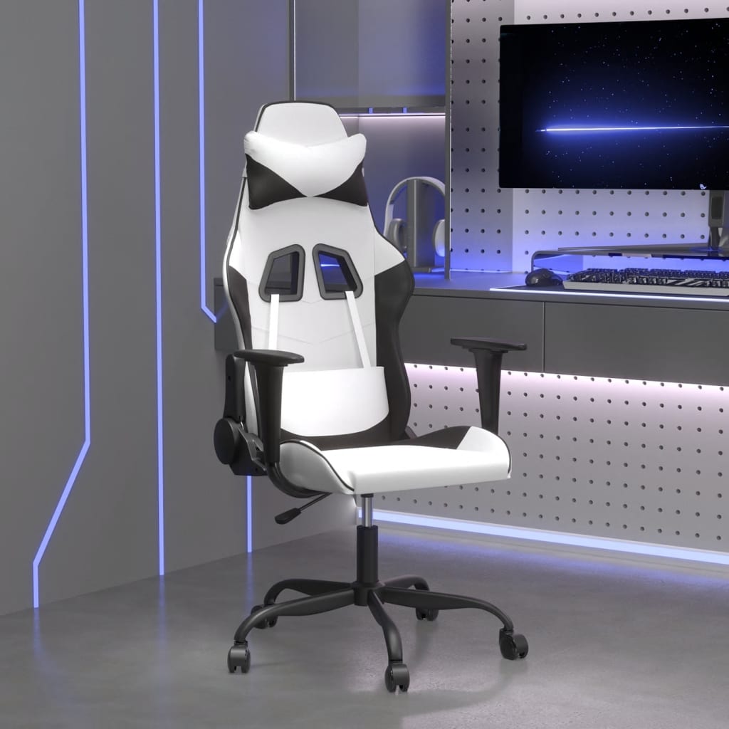 gaming chair with massage, black and white, faux leather