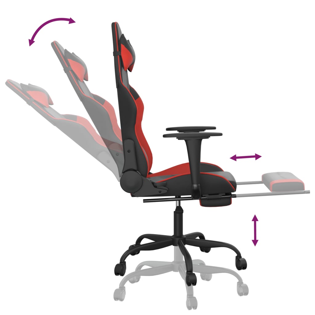 gaming chair with footrest, black and red, faux leather