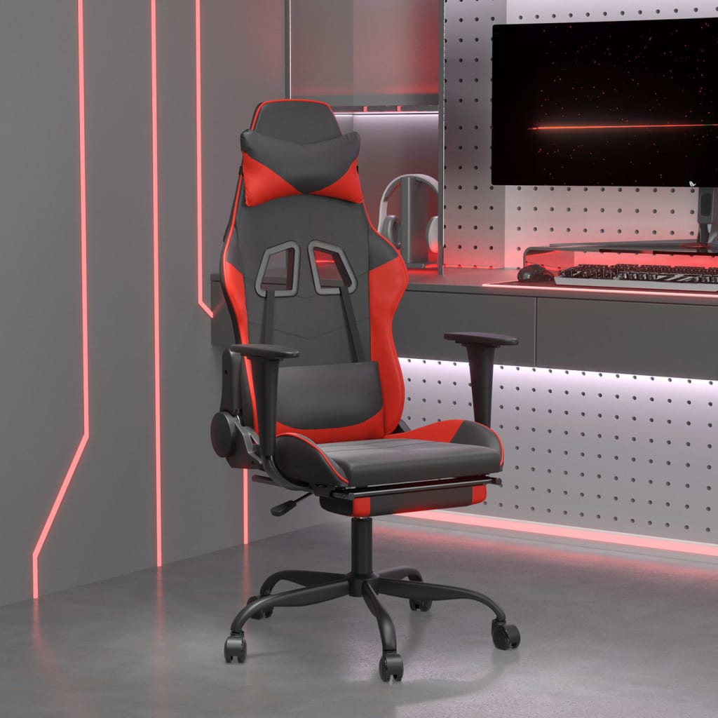 gaming chair with footrest, black and red, faux leather