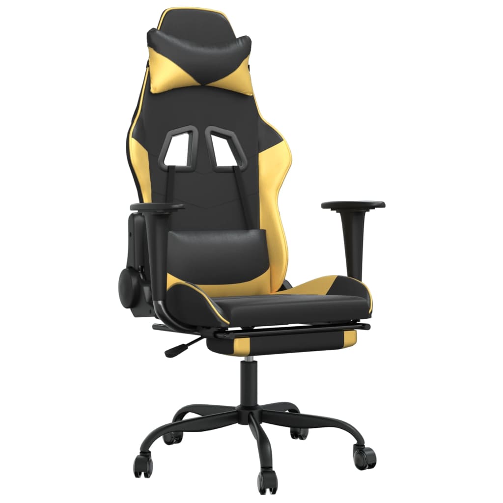 gaming chair with footrest, black and gold, faux leather