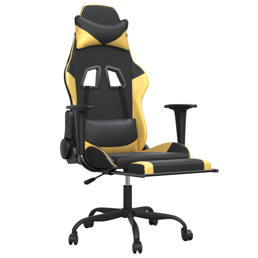 gaming chair with footrest, black and gold, faux leather