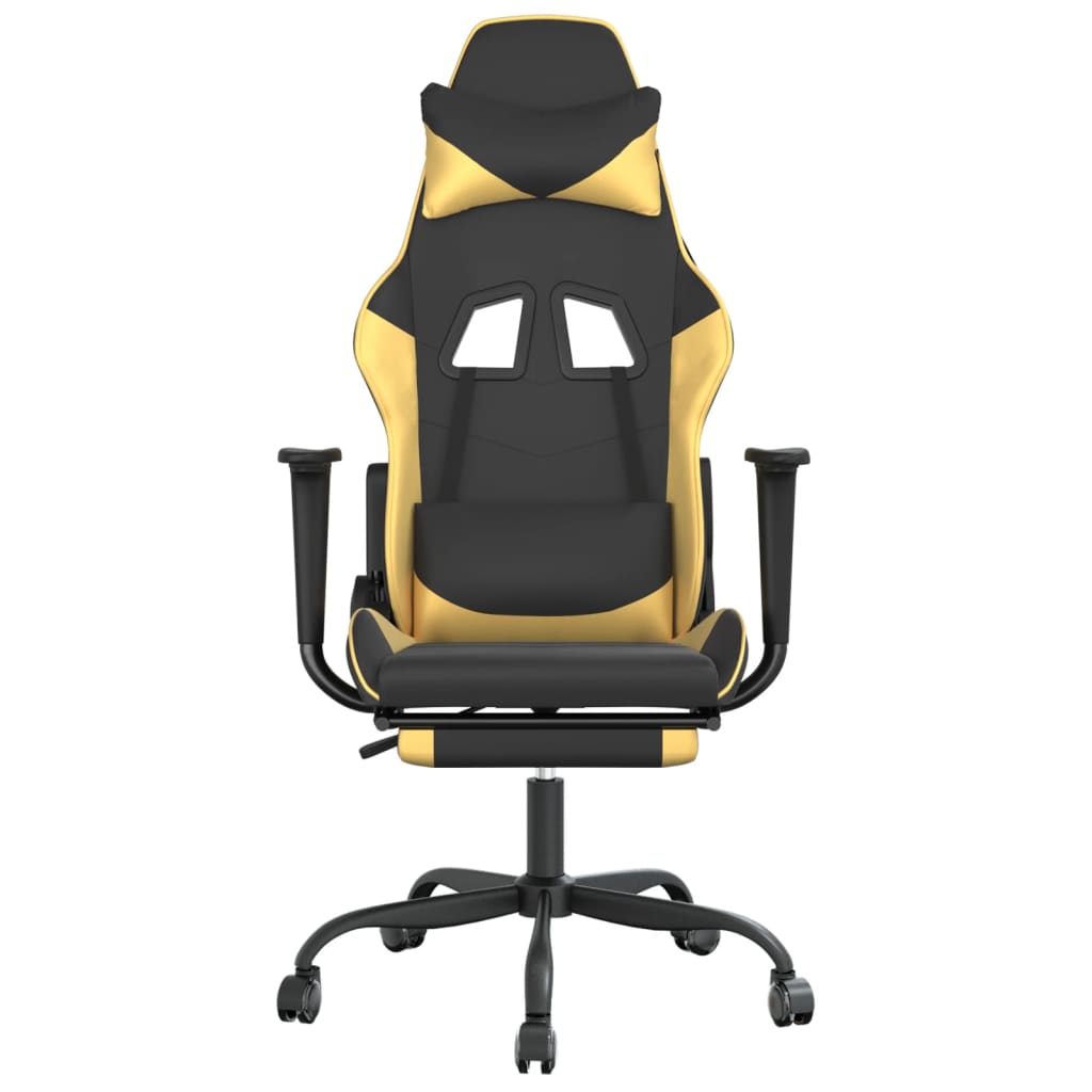 gaming chair with footrest, black and gold, faux leather