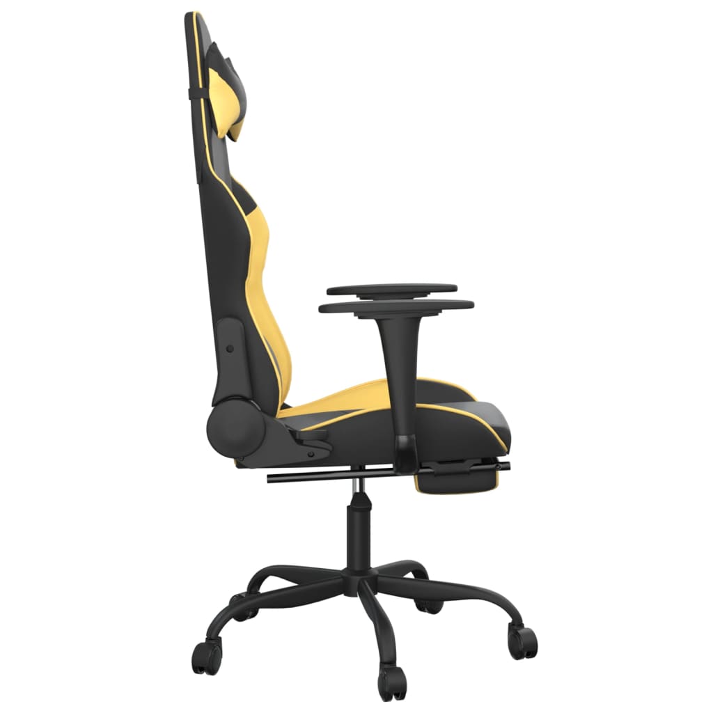 gaming chair with footrest, black and gold, faux leather