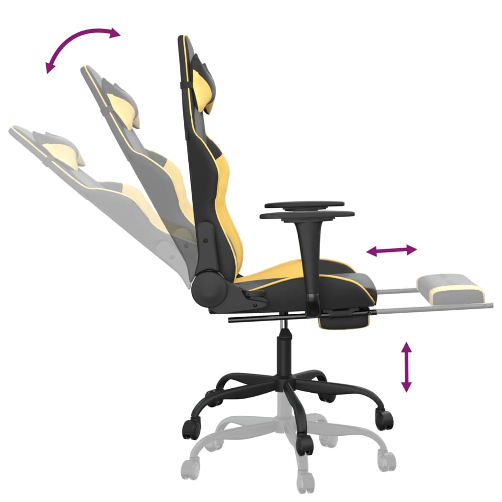 gaming chair with footrest, black and gold, faux leather