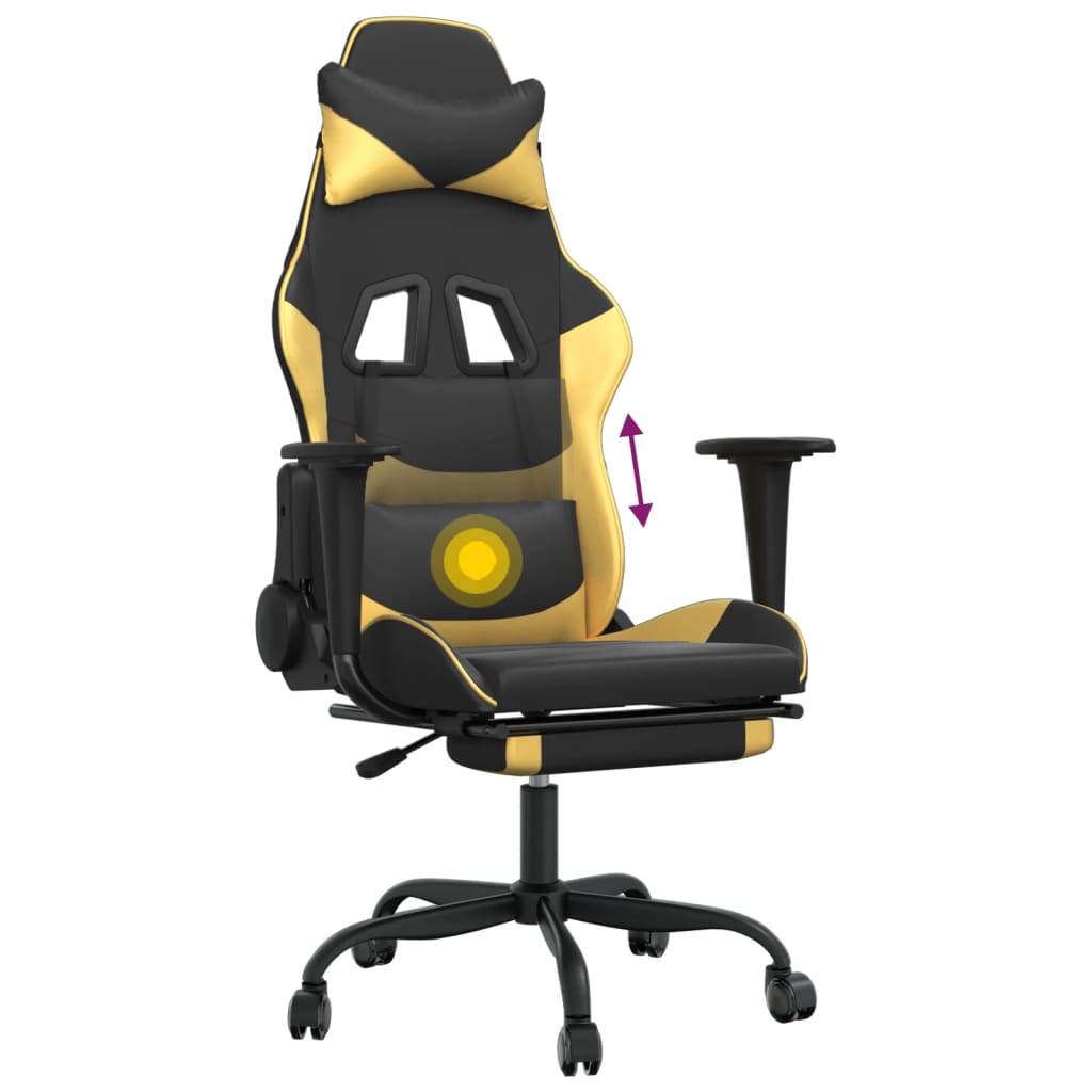 gaming chair with footrest, black and gold, faux leather