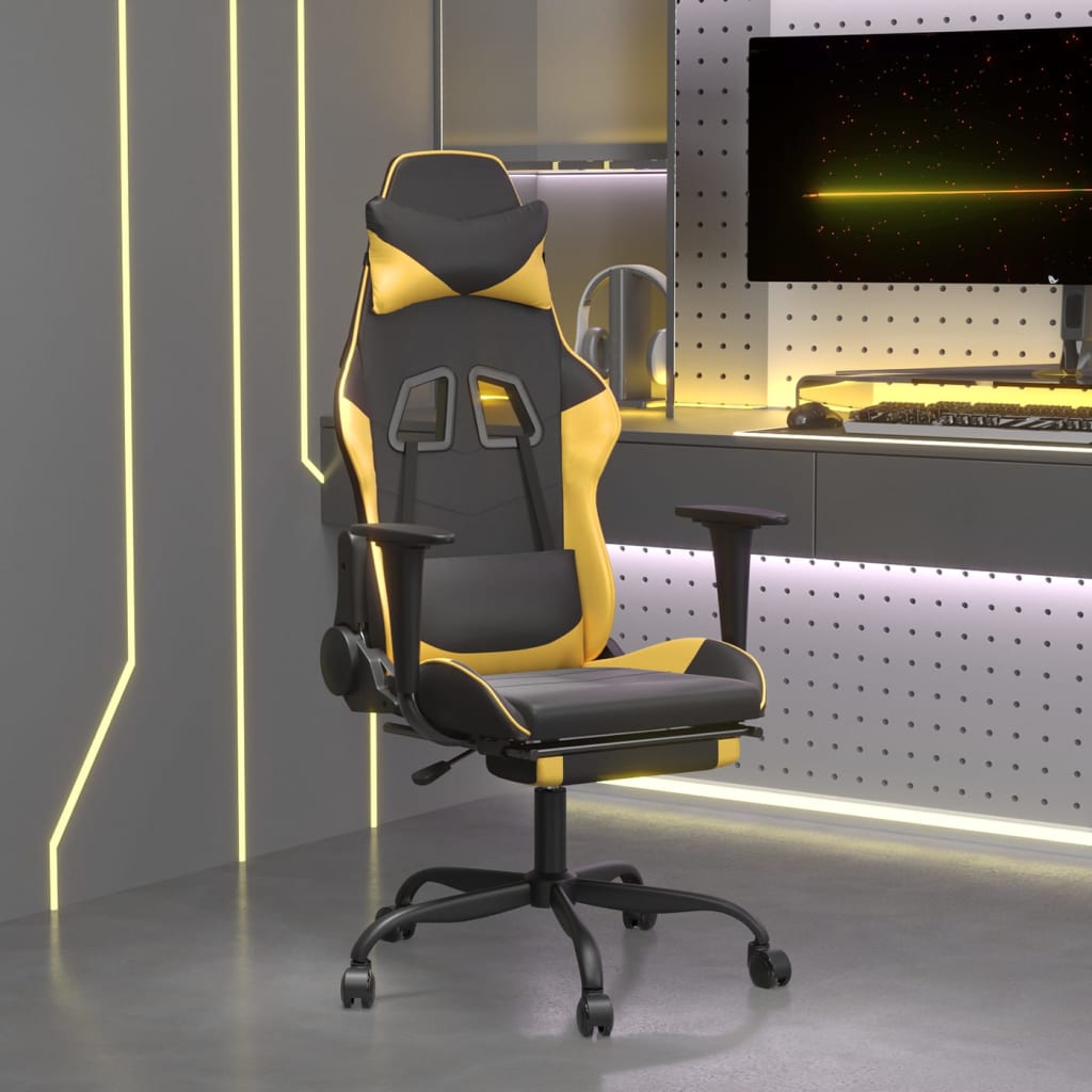 gaming chair with footrest, black and gold, faux leather