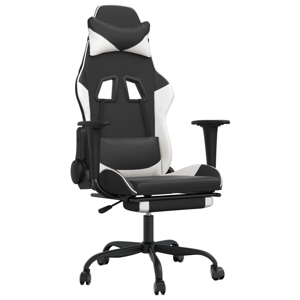 gaming chair with footrest, black and white, faux leather