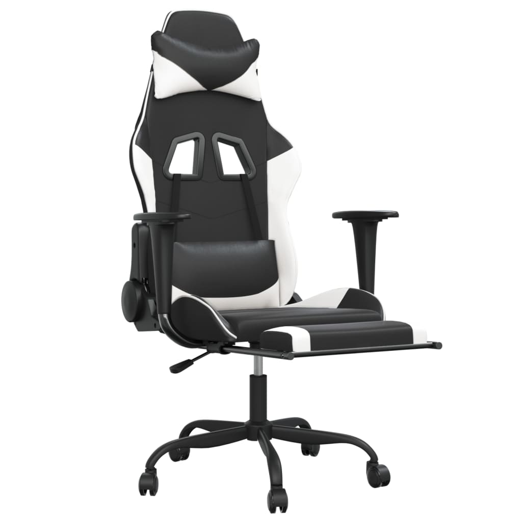 gaming chair with footrest, black and white, faux leather