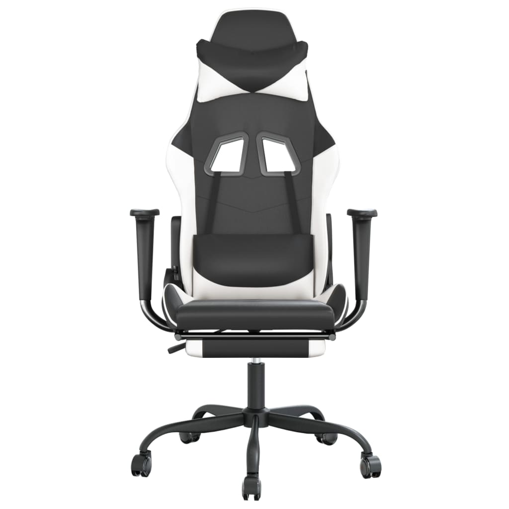 gaming chair with footrest, black and white, faux leather