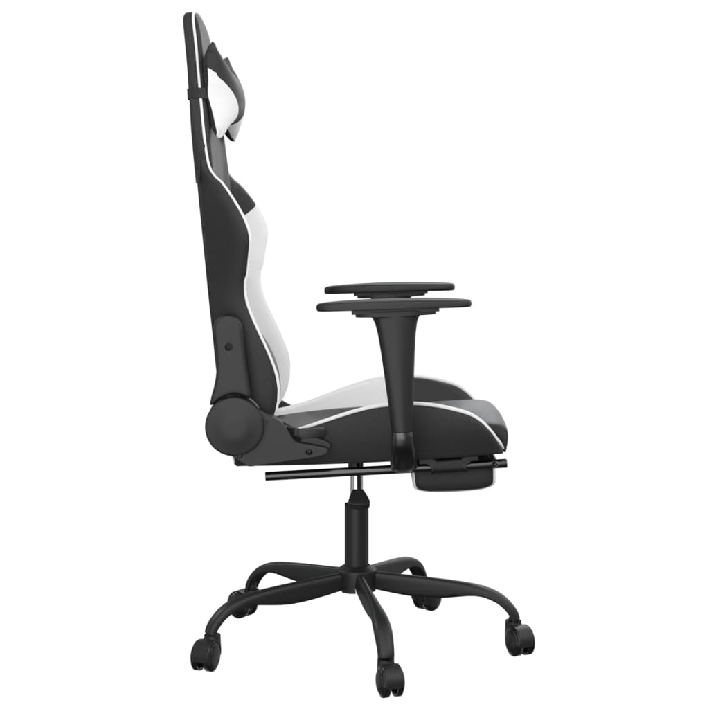 gaming chair with footrest, black and white, faux leather