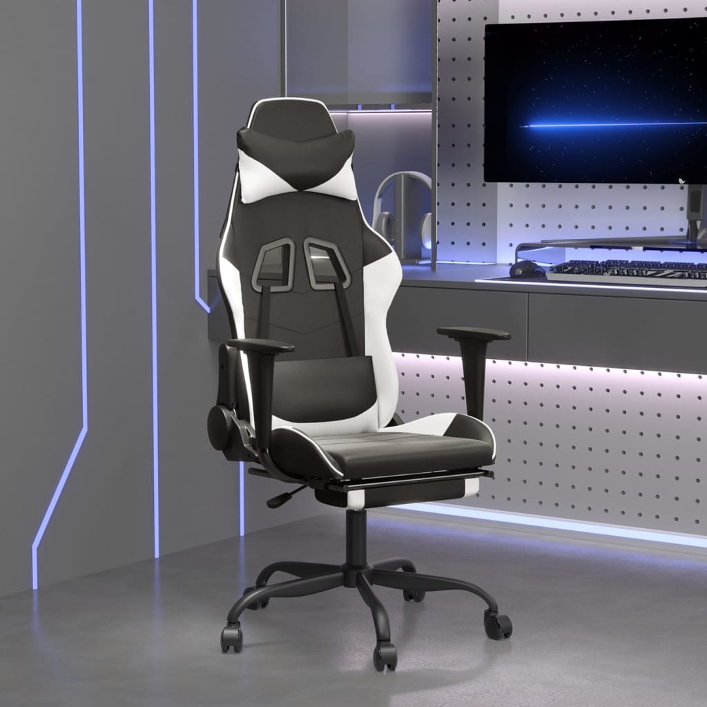 gaming chair with footrest, black and white, faux leather