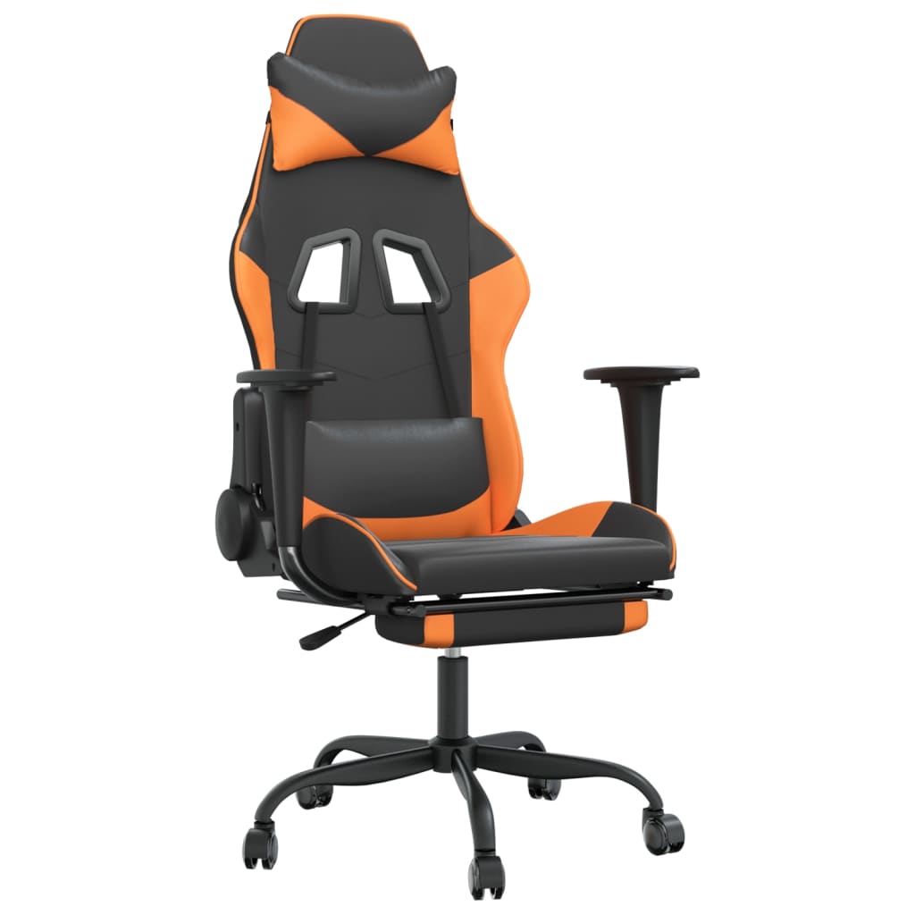 gaming chair with footrest, black and orange, faux leather