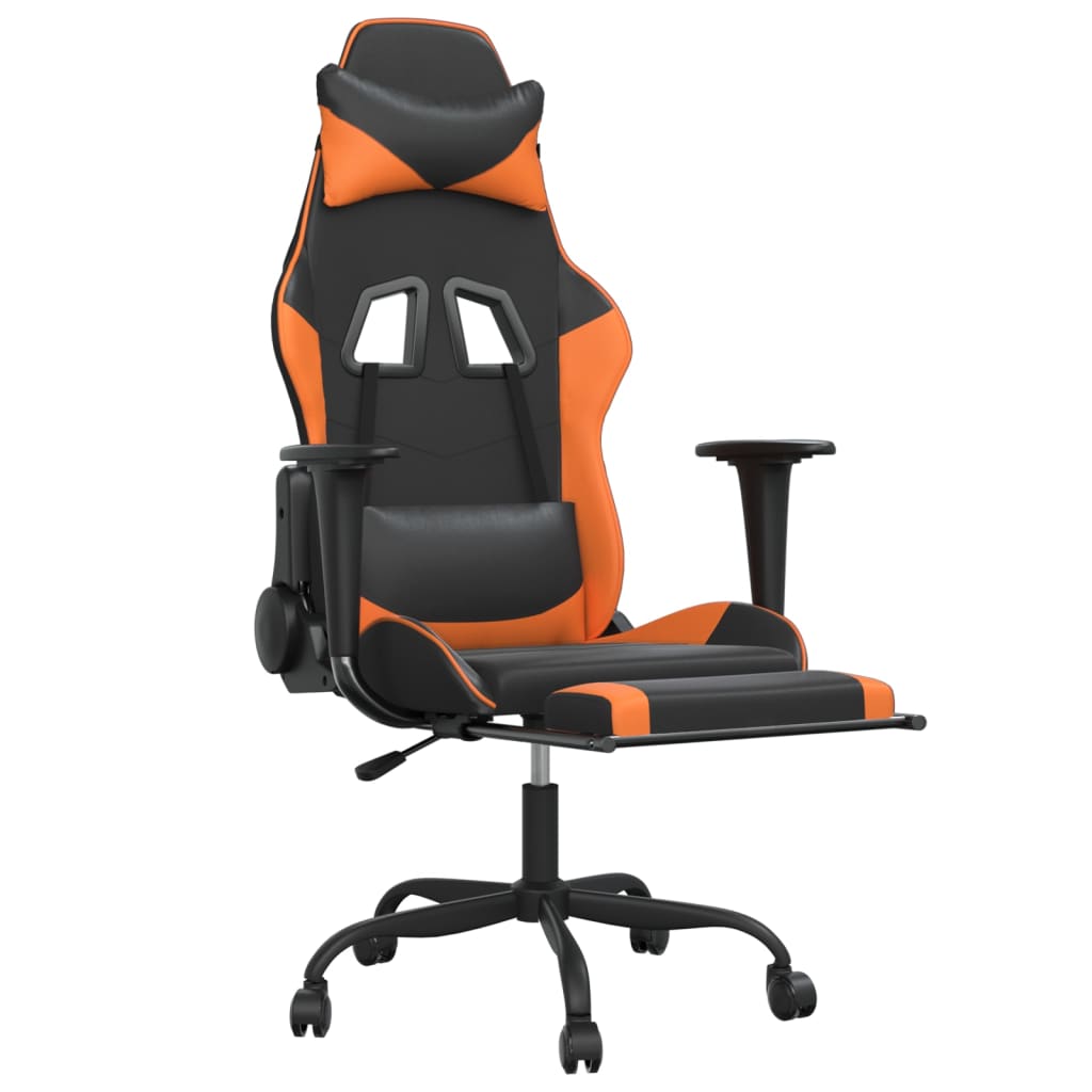 gaming chair with footrest, black and orange, faux leather